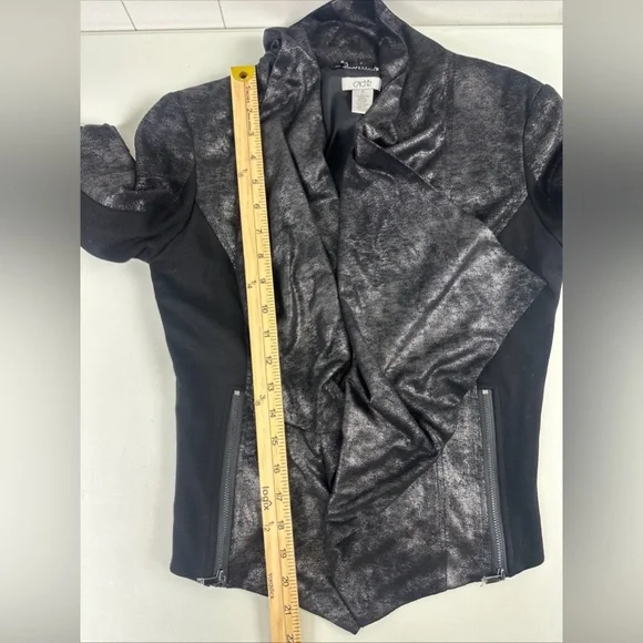 Cache Sz S Black Coated Drape Open Front Cardigan Sweater Side & Sleeve Zip - Picture 12 of 13